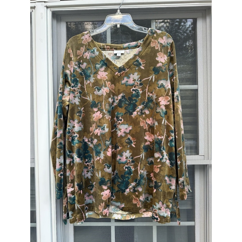 Pure Jill Velour Tunic Goblincore Earthy Floral V Neck Stretch Brown Women Large